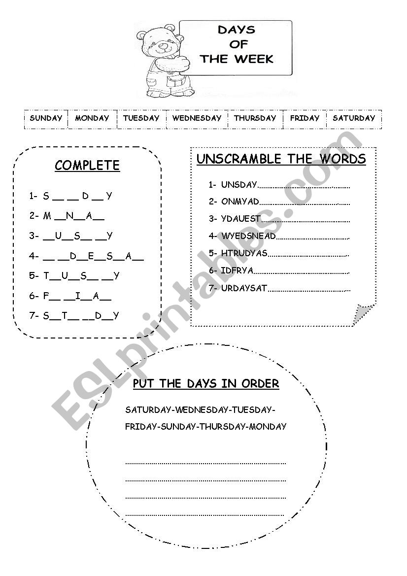 days of the week worksheet