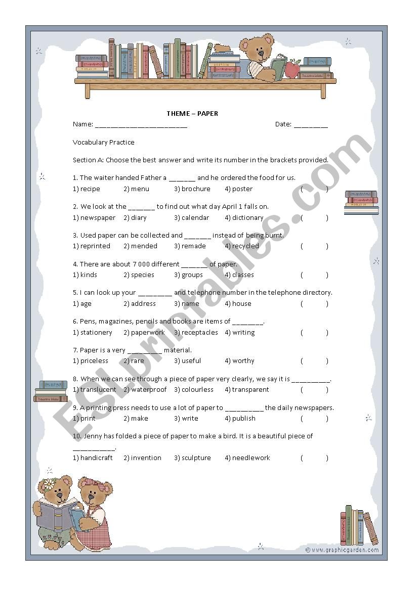 Theme: Paper Vocabulary worksheet