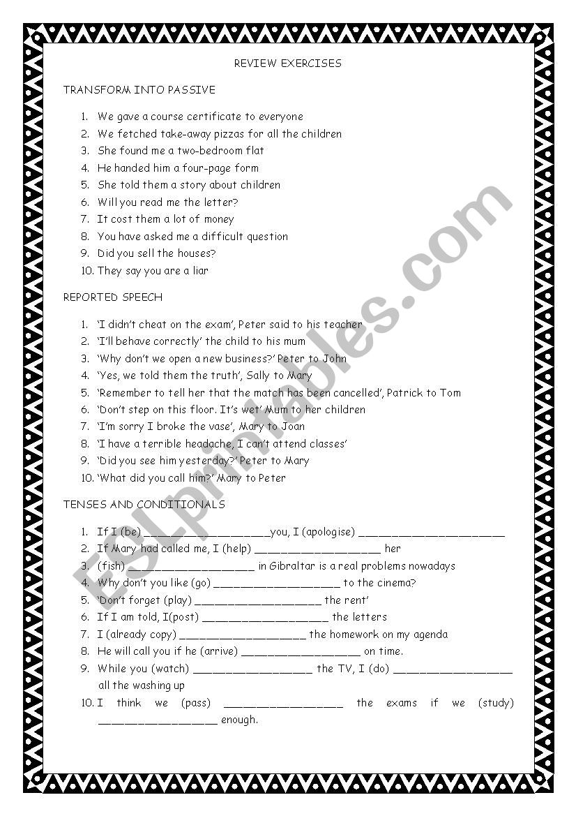 review exercises worksheet