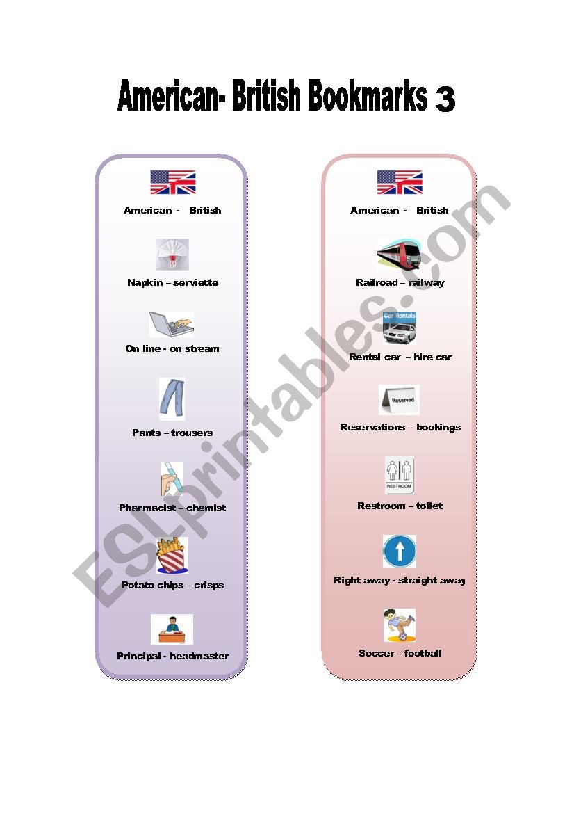 American - British bookmark pictionary 3