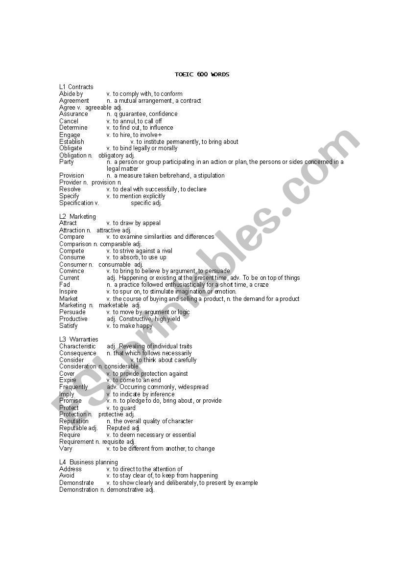 TOIEC Vocabulary worksheet