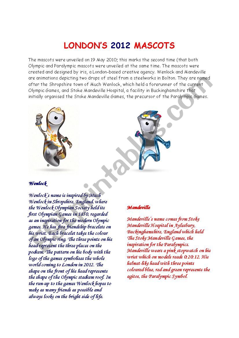 2012 LondonÂ´s mascots worksheet