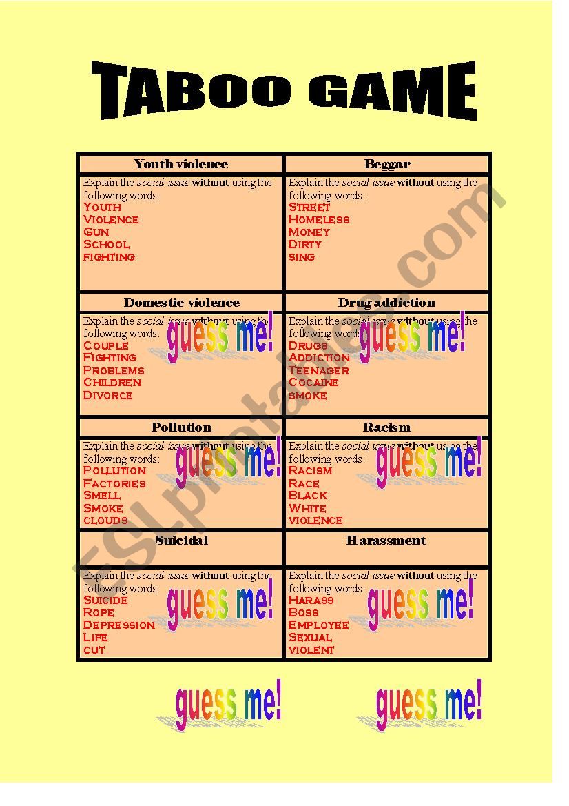 Taboo social issues worksheet