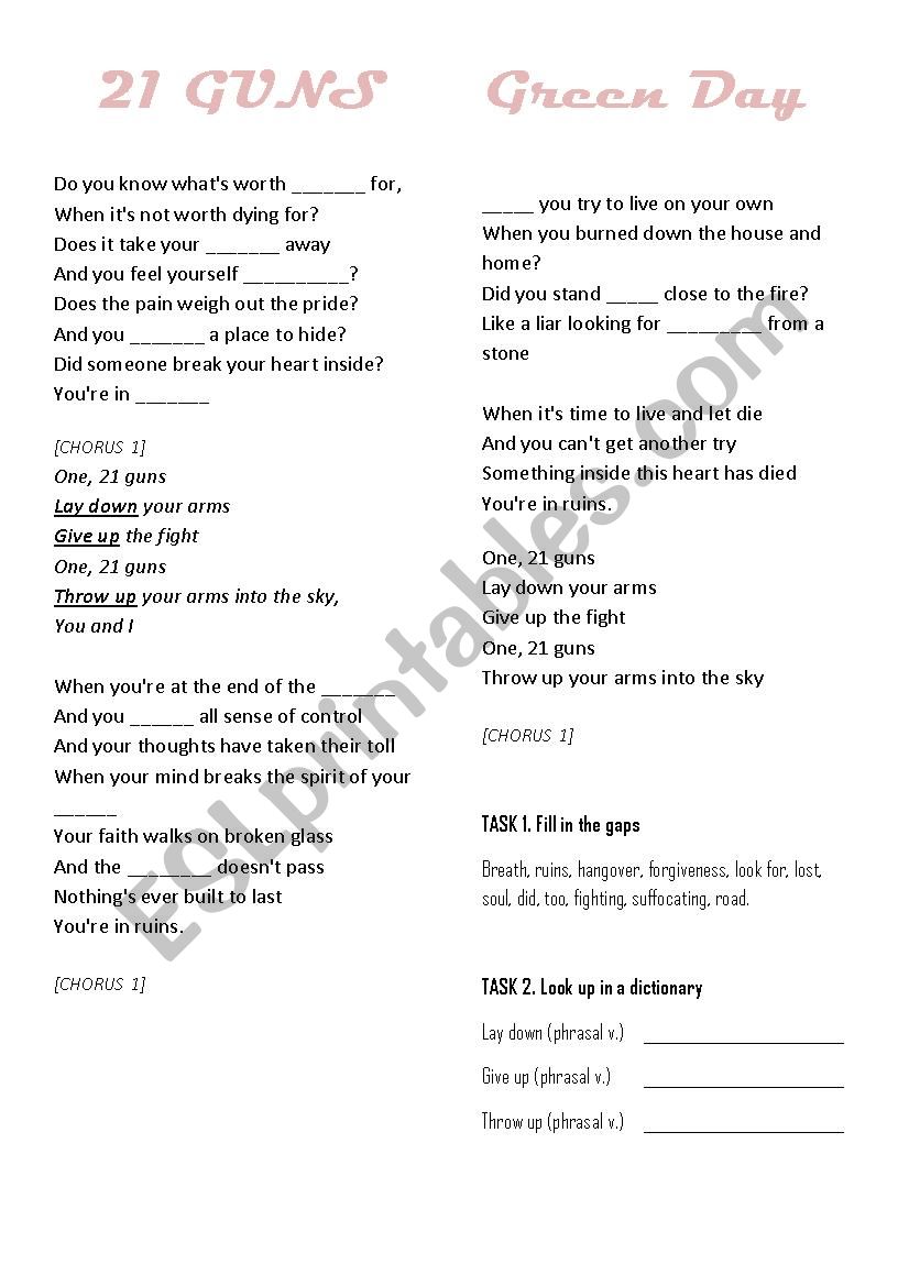 21 GUNS GREEN DAY worksheet