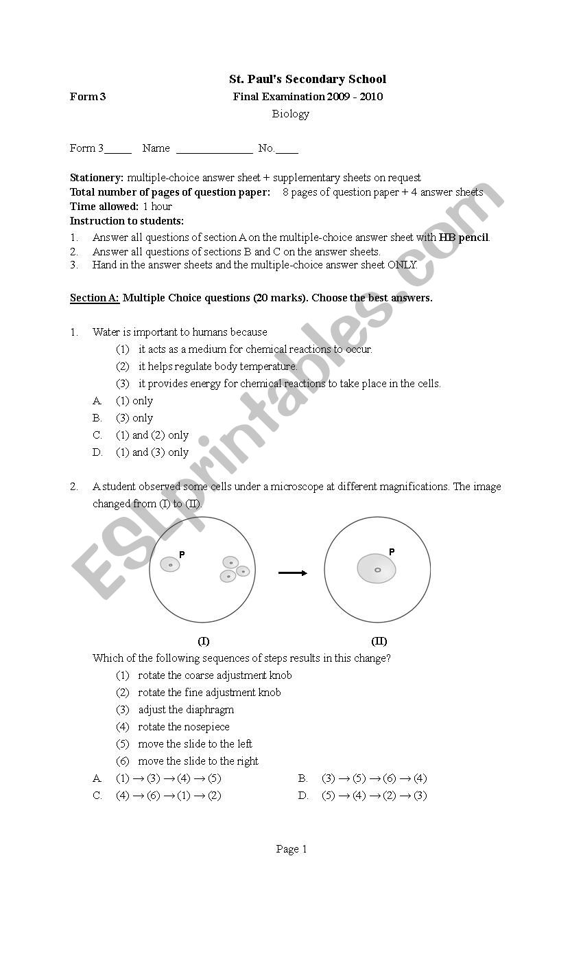 Biology exercise worksheet