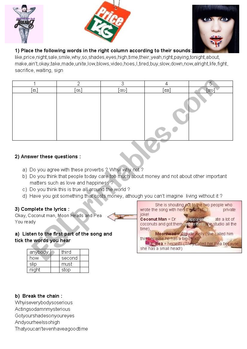 Jessie J Price tag worksheet