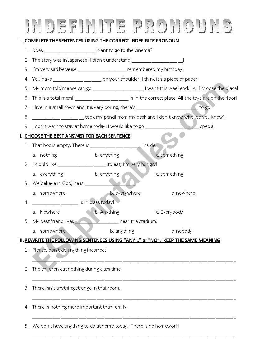 Indefinite Pronouns worksheet