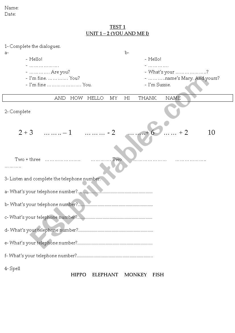 dialogues and numbers worksheet