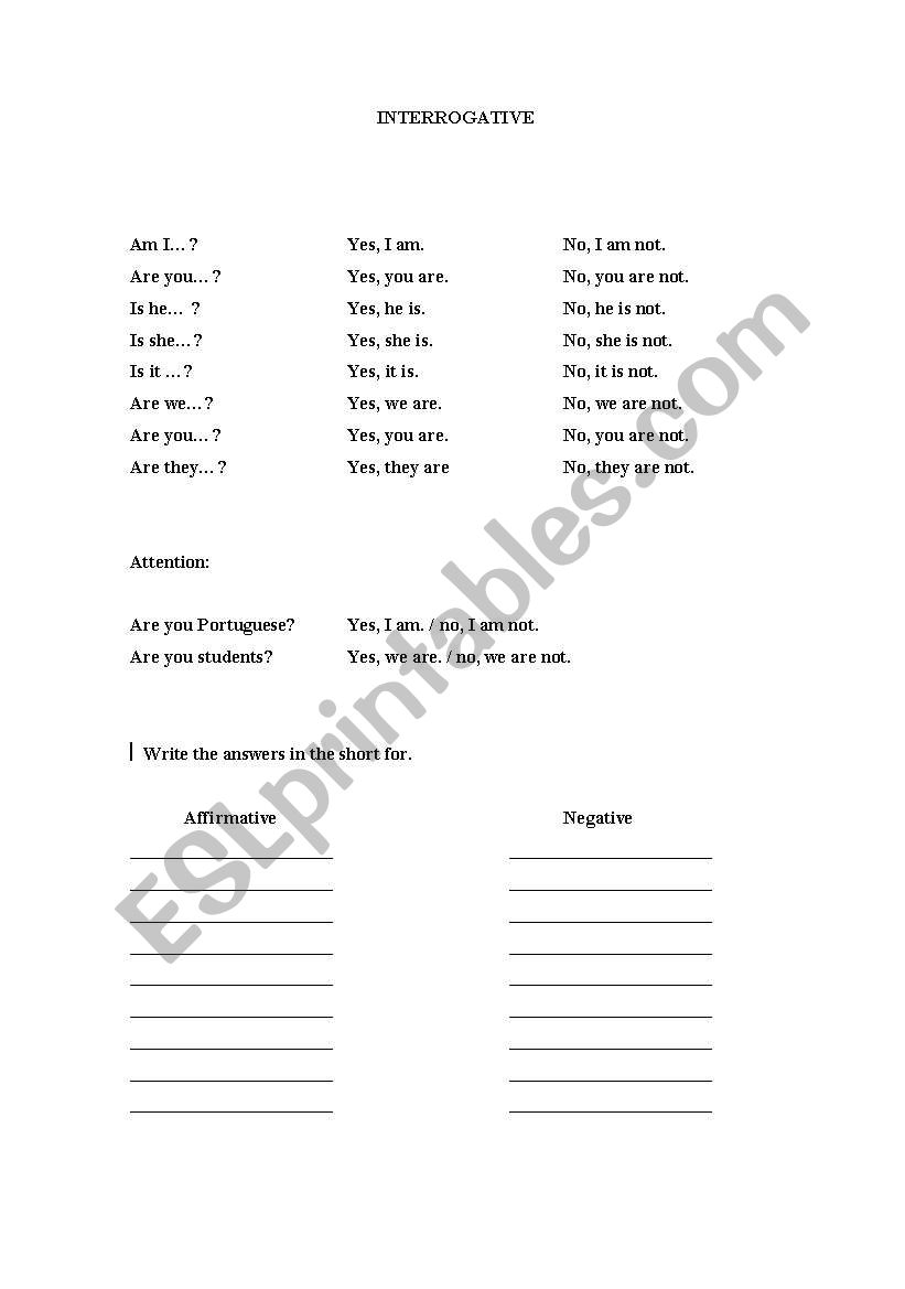 VERB TO BE INTERROGATIVE worksheet