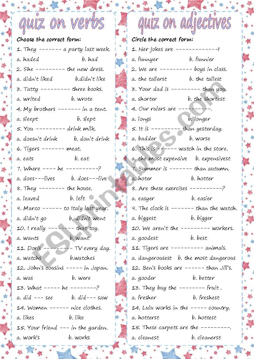 adjectives and verbs worksheet