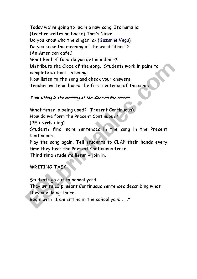 Toms Diner - song worksheet