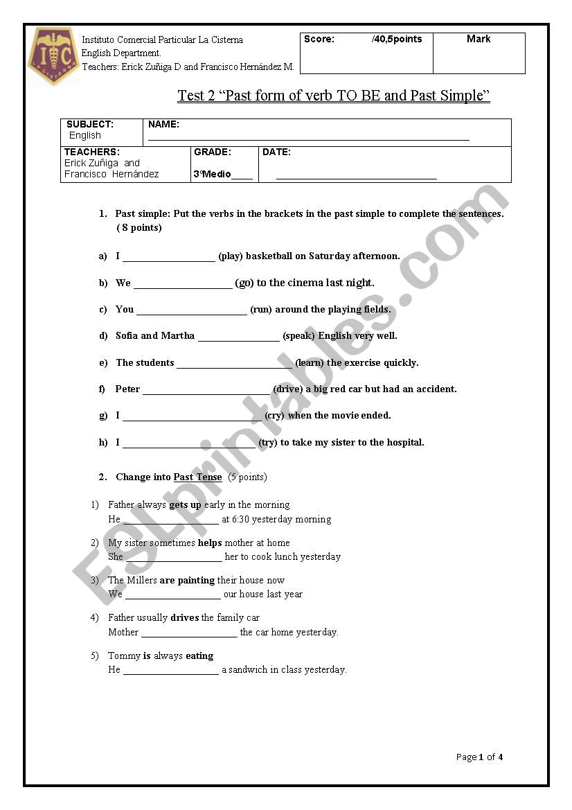 Verb to Be+ Past simple worksheet