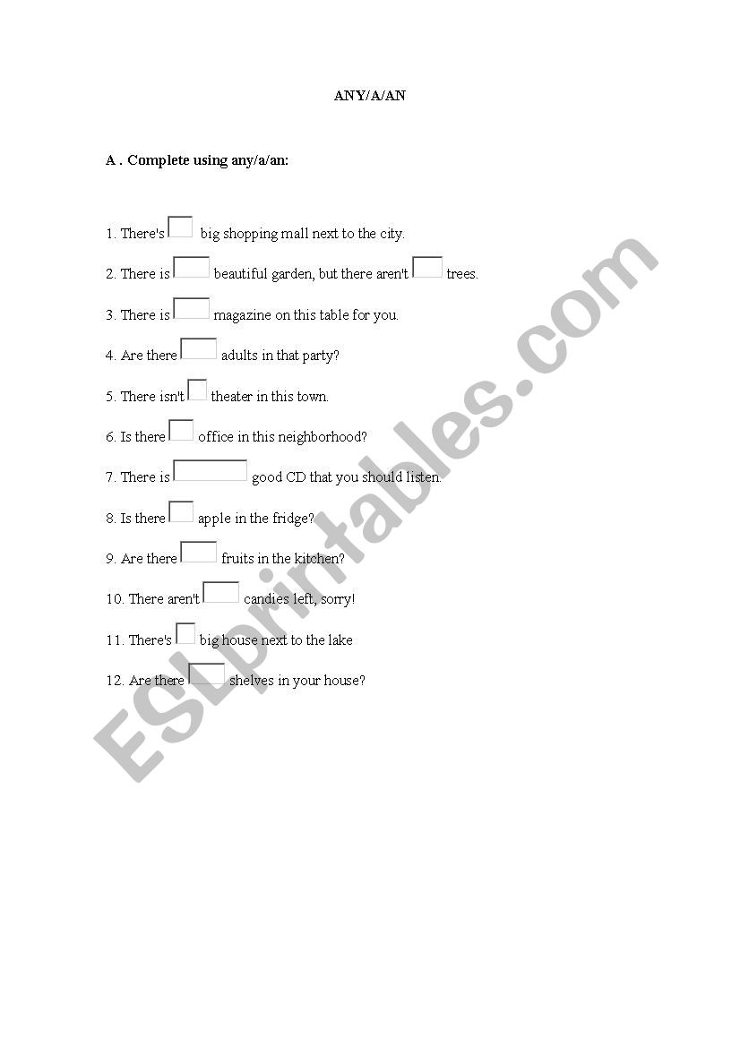 A/AN/ANY worksheet