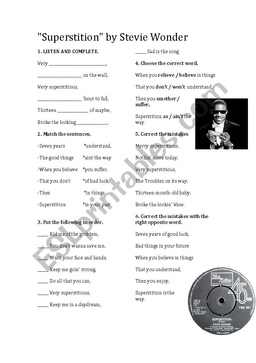Stevie Wonder Superstition listening worksheet