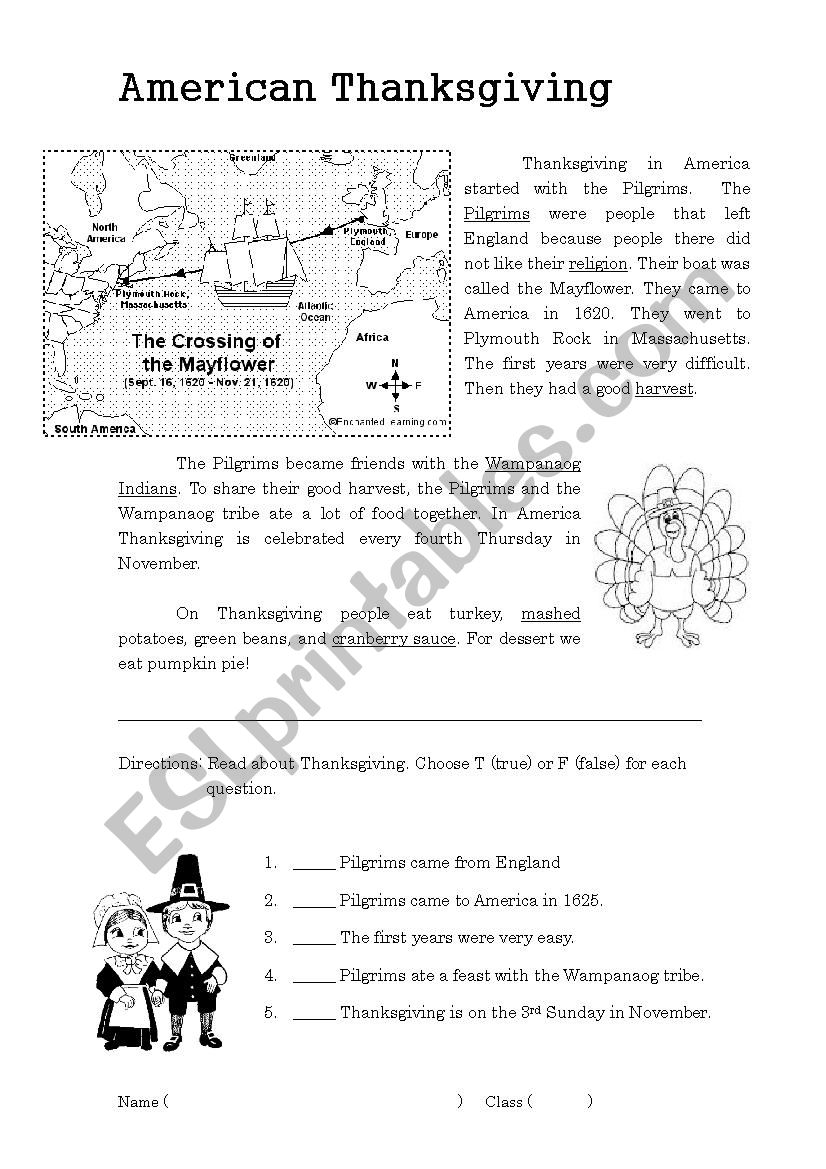 American Thanksgiving worksheet