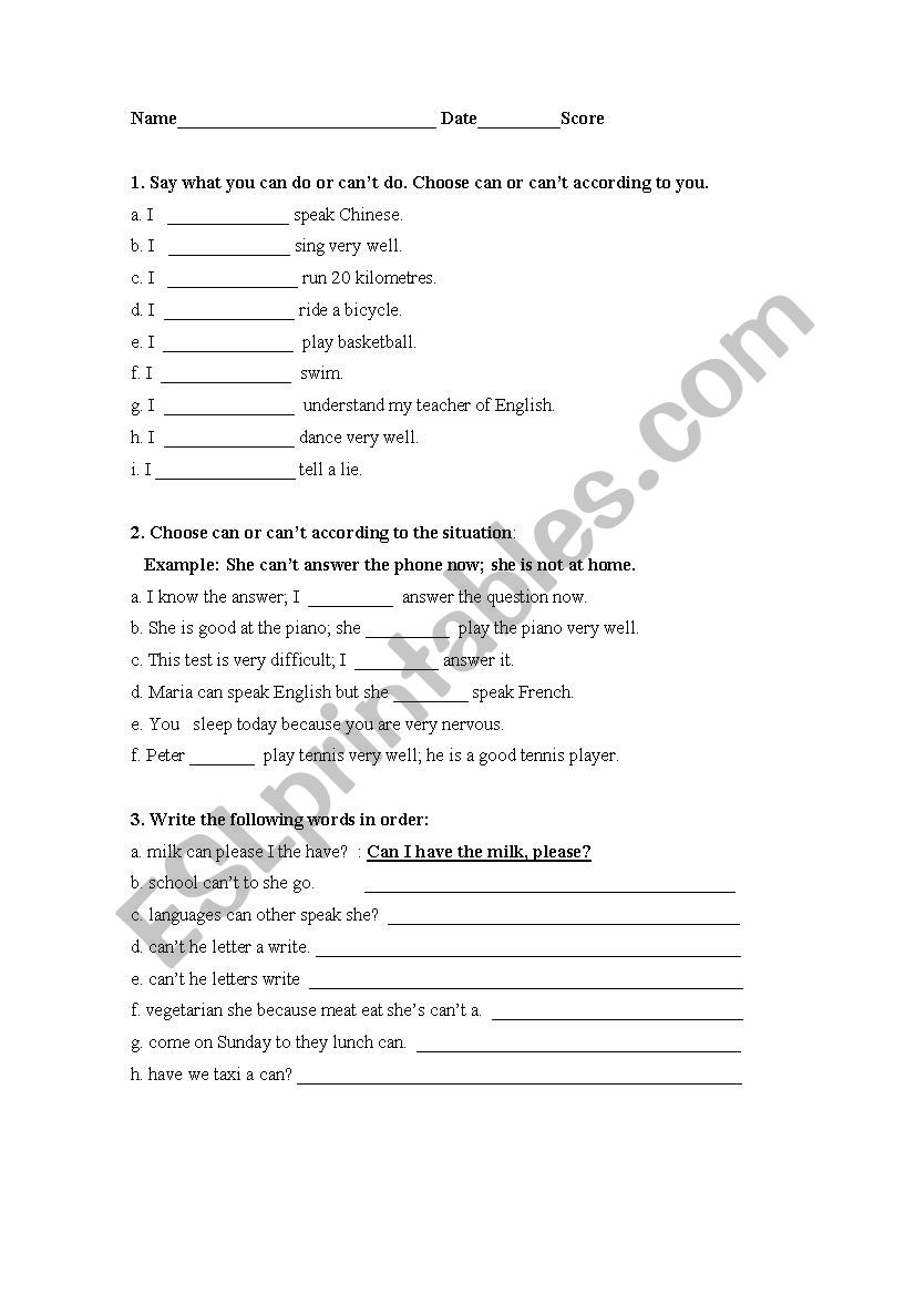 Can and Cant worksheet