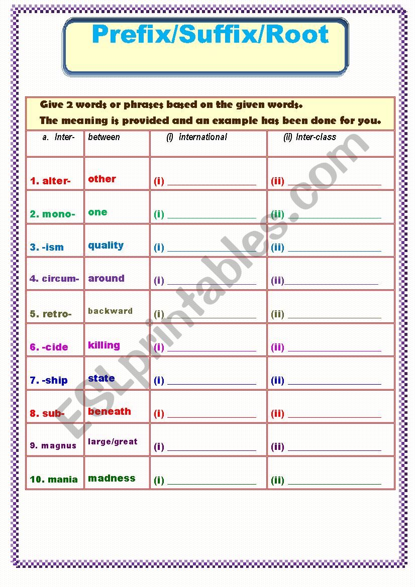 Prefix/Suffix/Root worksheet