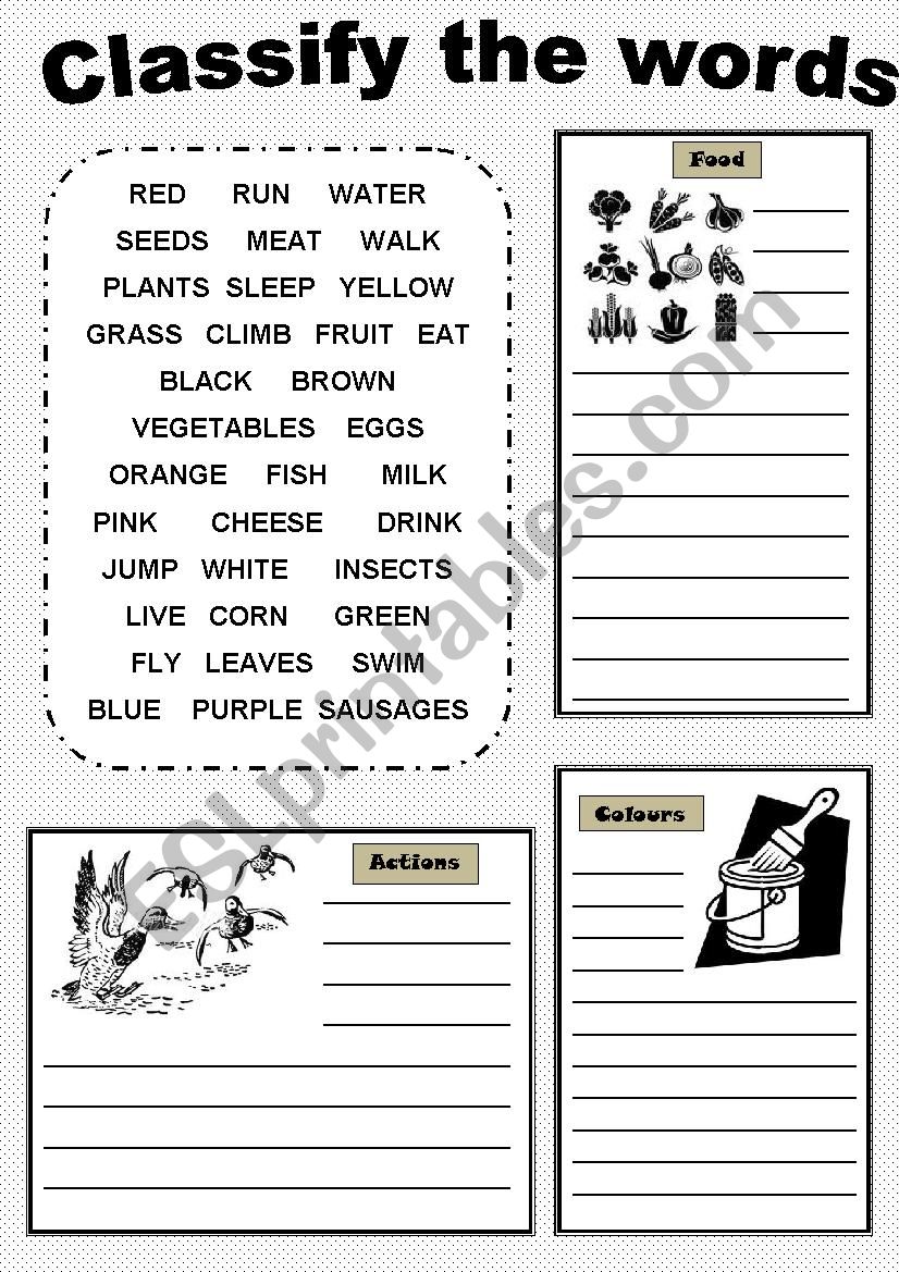 Word categories worksheet