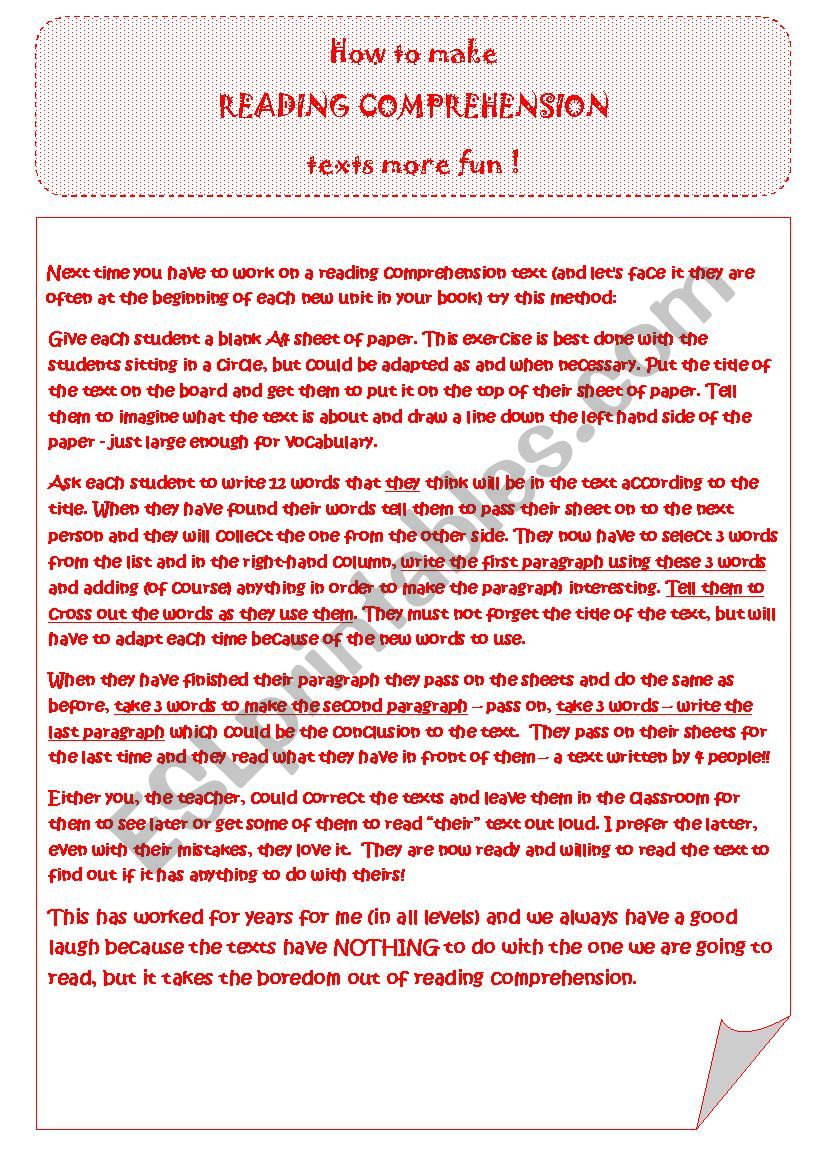 READING COMPREHENSION IDEA worksheet