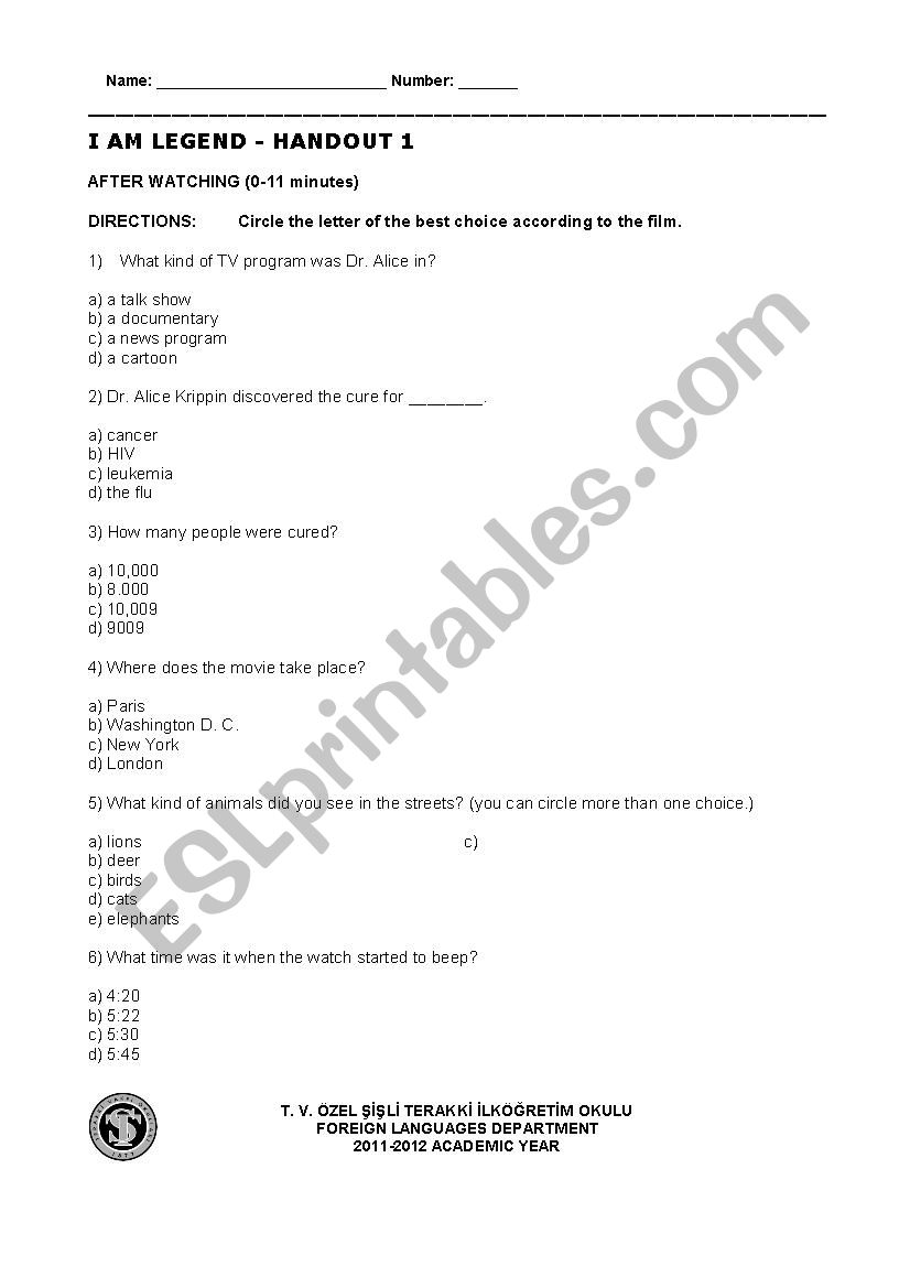 I am Legend worksheet