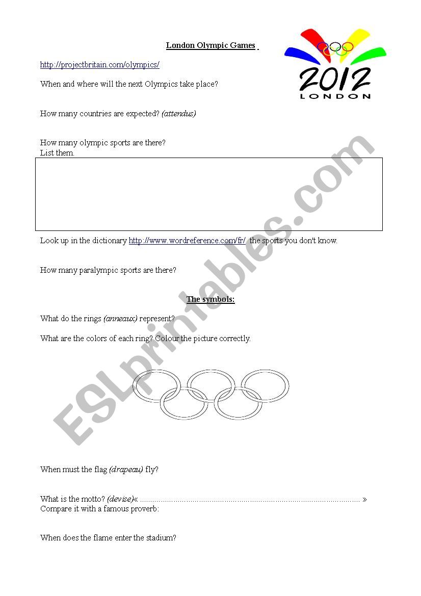 London Olympic games webquest worksheet