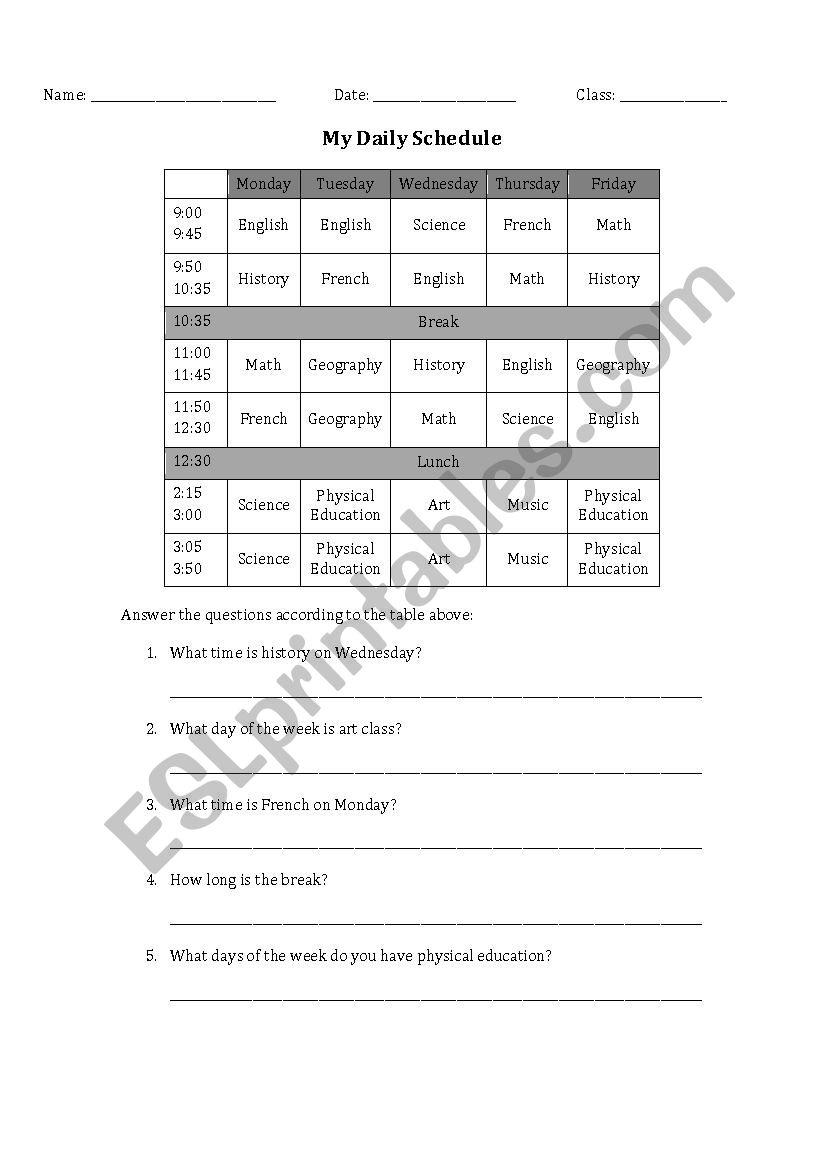 My Daily Schedule worksheet