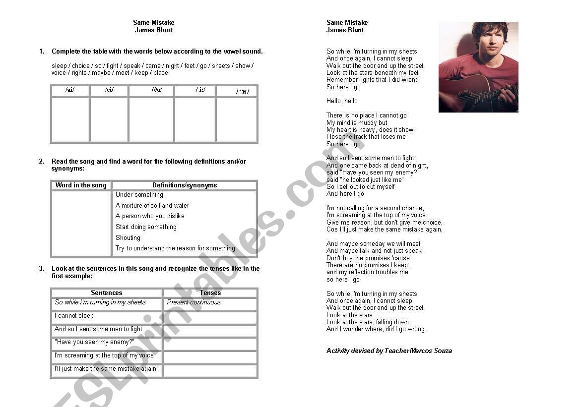 Same mistake (James Blunt) Vocabulary, phonetics and verb tenses