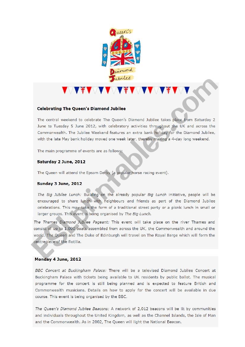 Reading Comprehension - Diamond Jubilee Activity