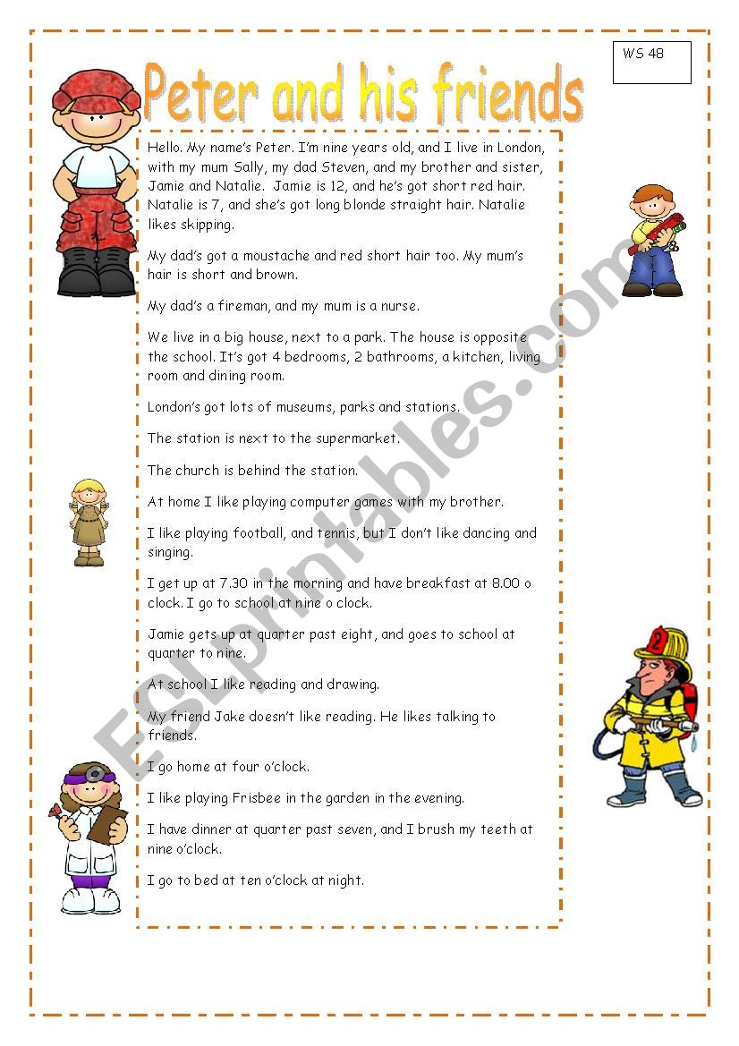 Peter and his friends worksheet