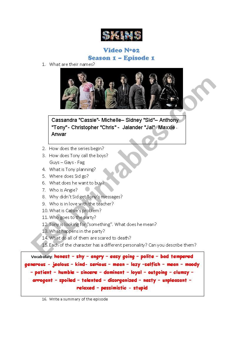 Skins 1 season 1 episode worksheet