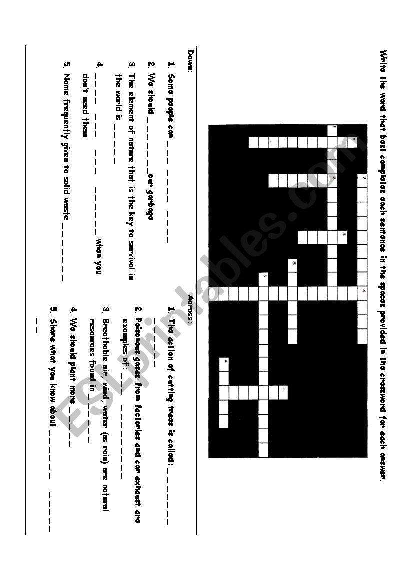  Environmental Problems Vocabulary Crossword with Answer Key