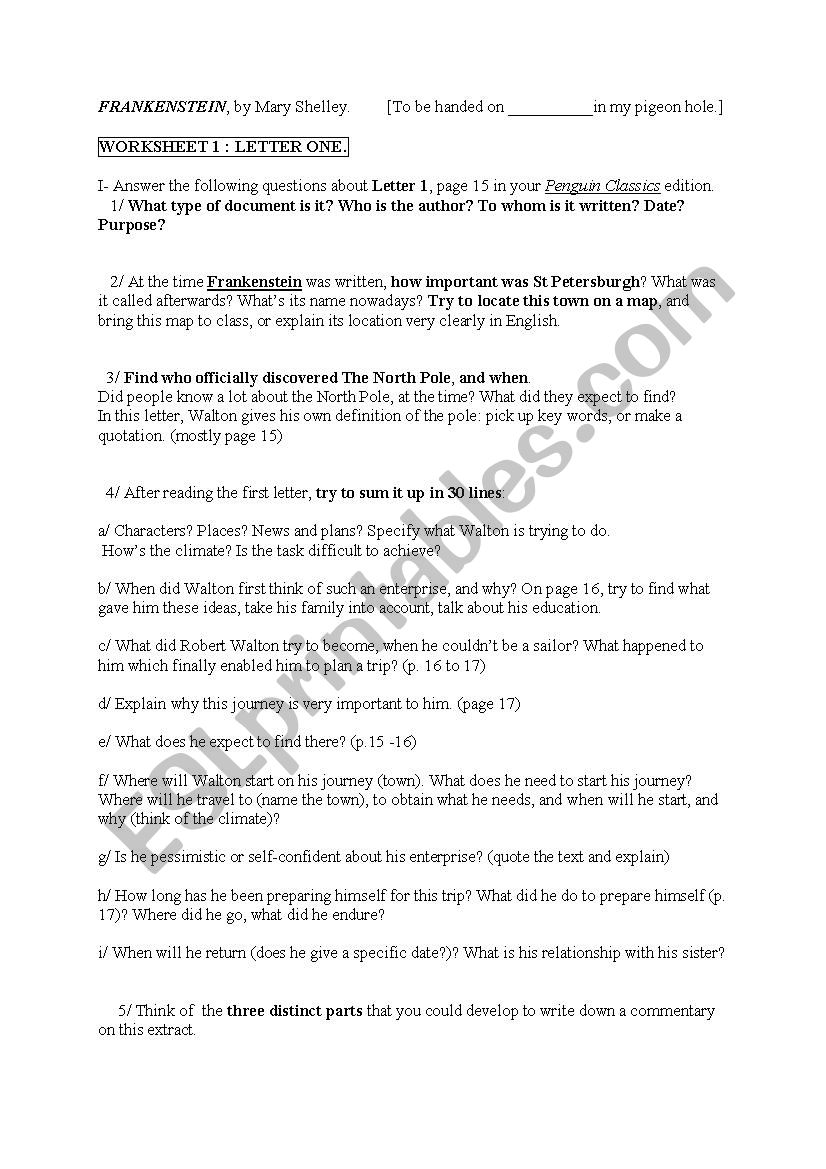 Worksheet to study Frankenstein by Mary SHELLEY_ Letter 1