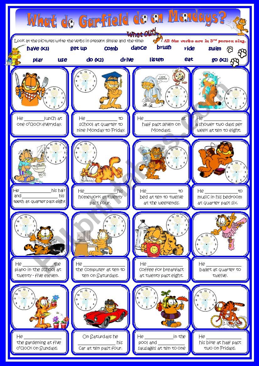 Present simple routines and time with Garfield
