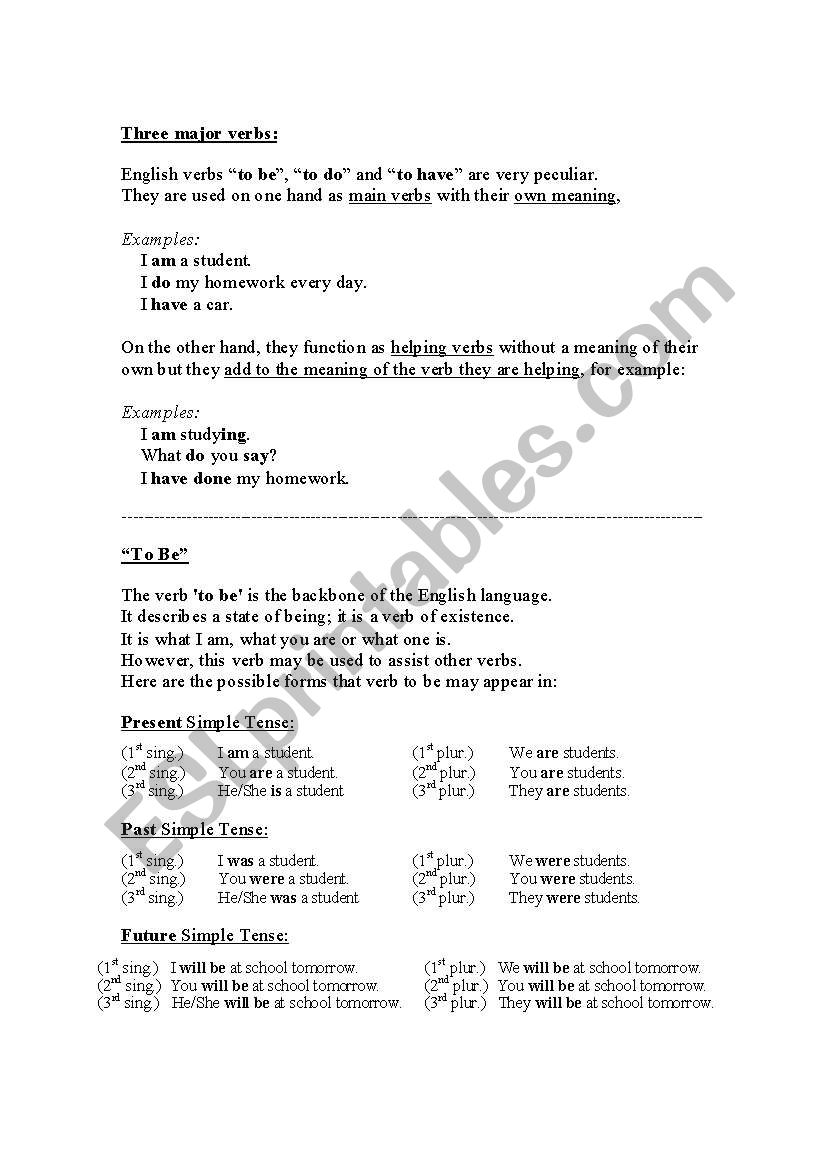 Three Main Verbs worksheet