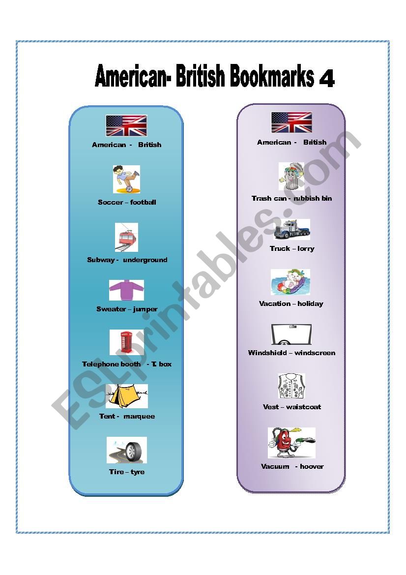 American - British bookmark pictionary 4