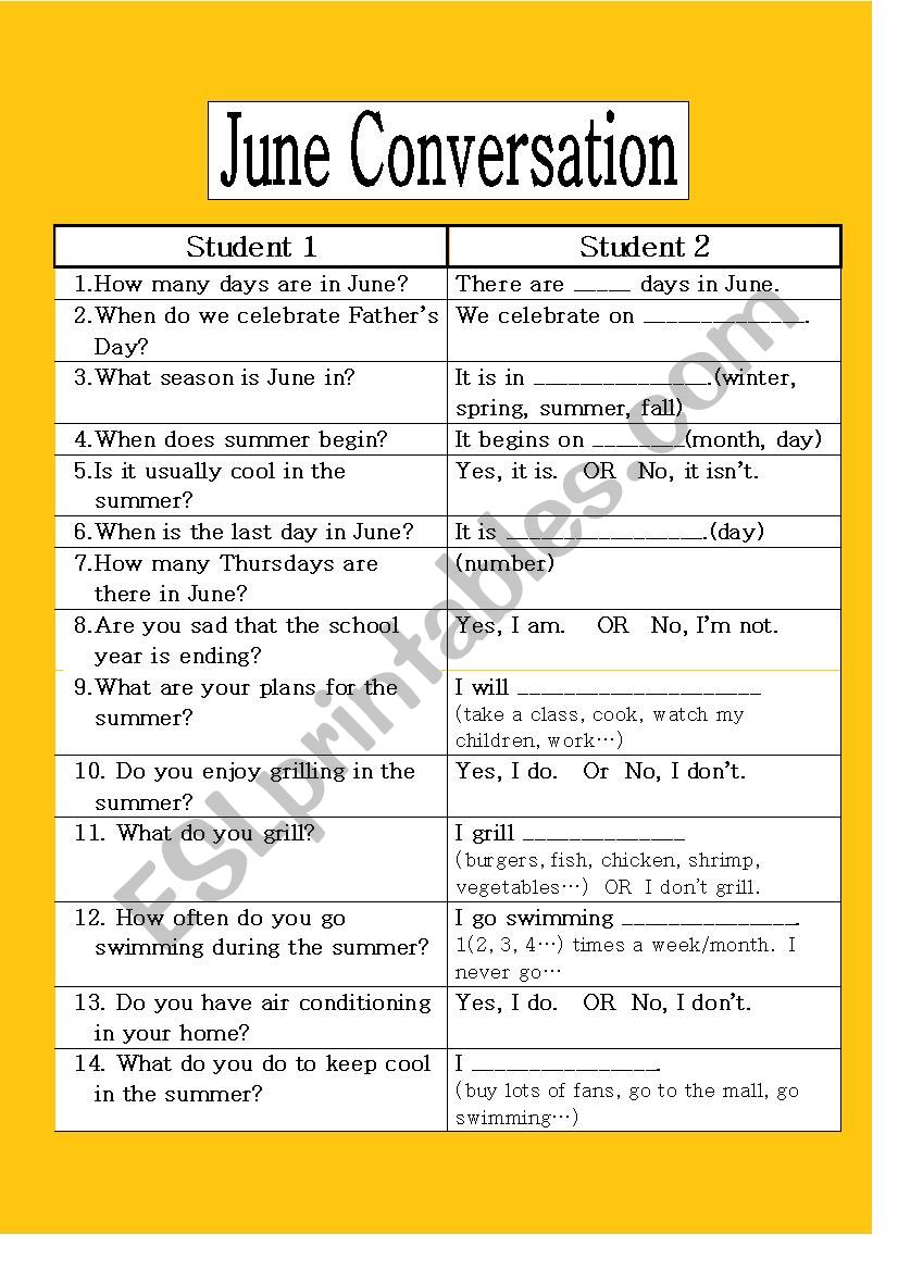 June Conversation worksheet