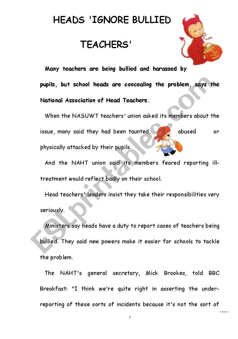 HEADS IGNORE BULLIED TEACHERS worksheet