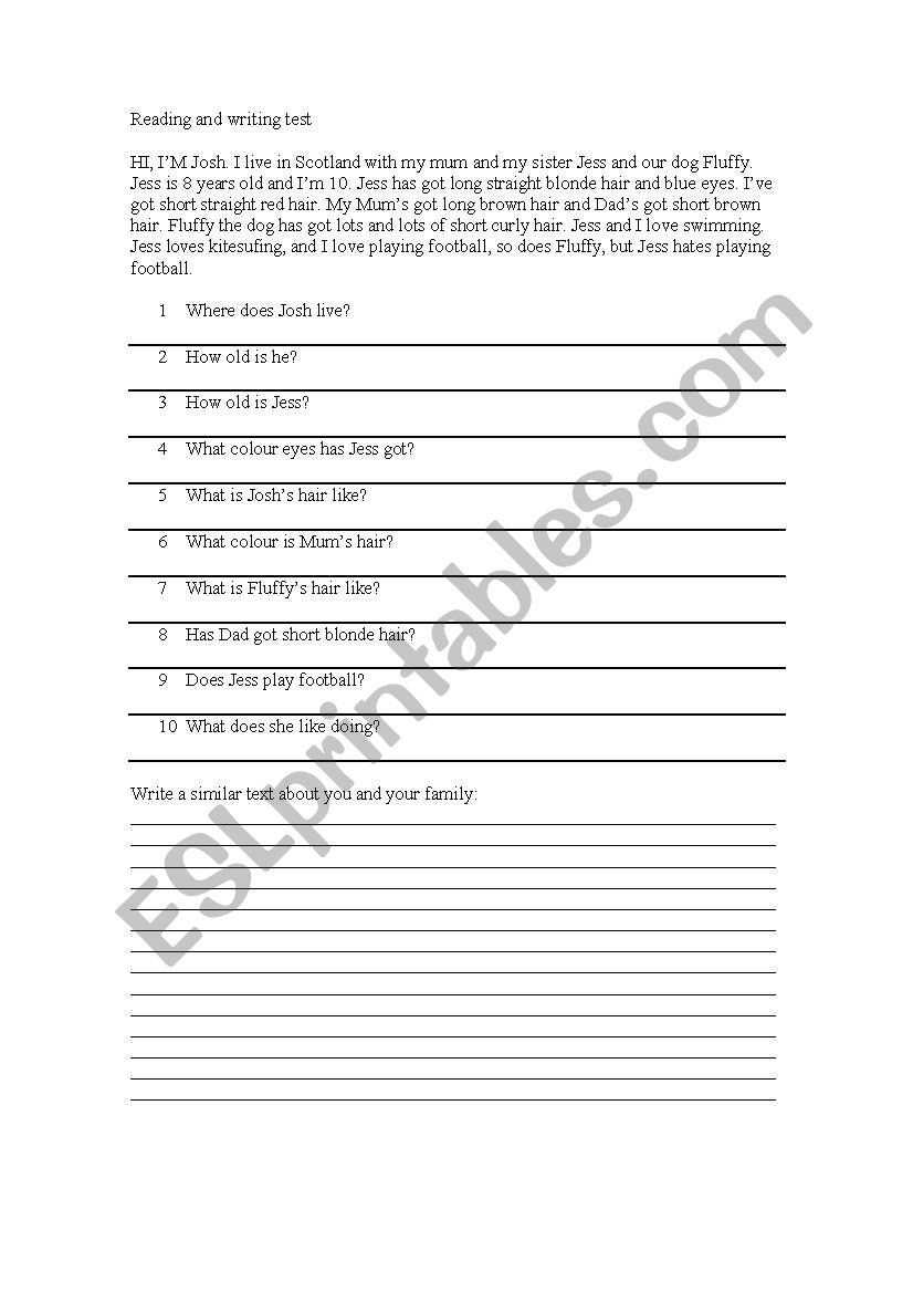 READING AND WRITING WORKSHEET worksheet