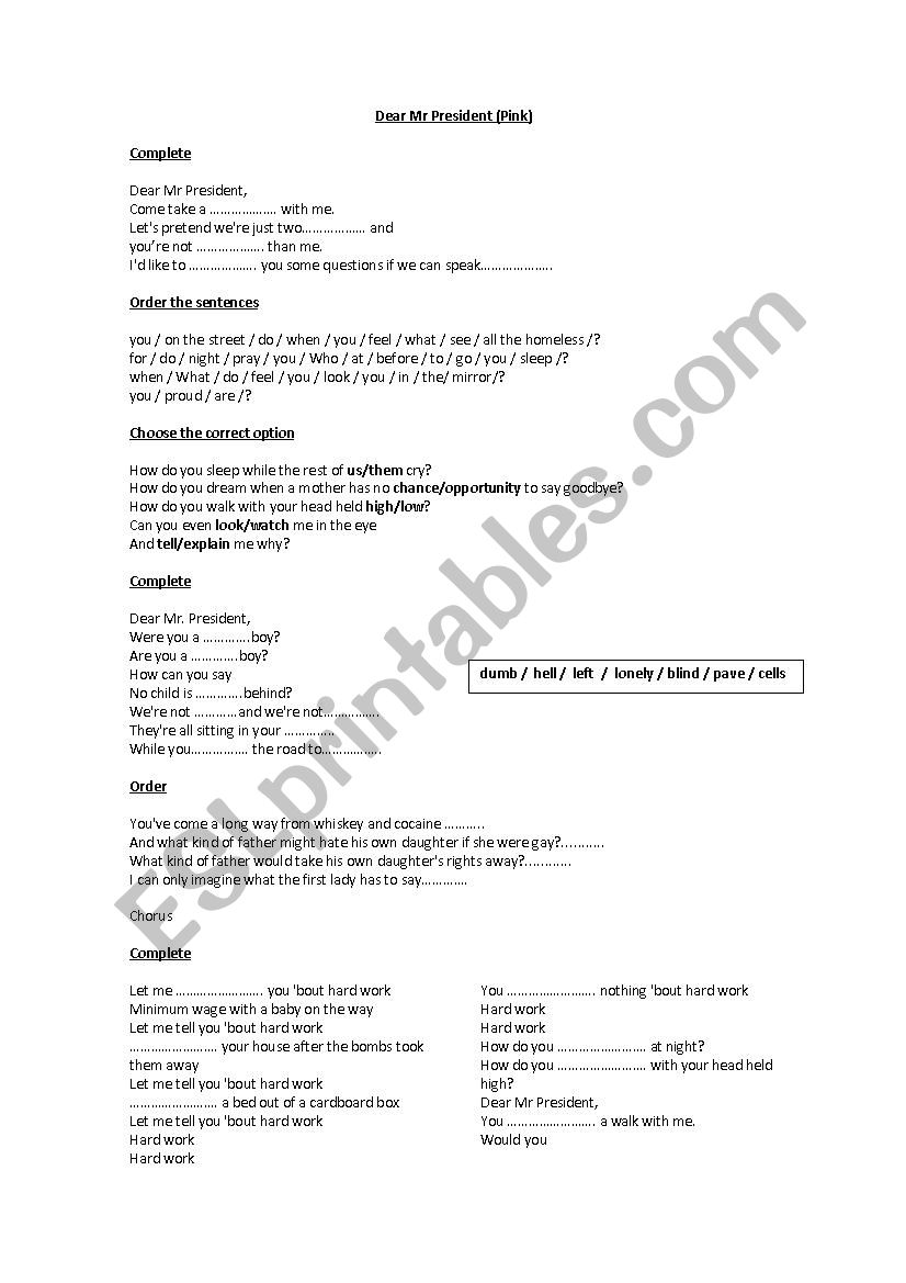 Song Dear Mr. President- Pink worksheet