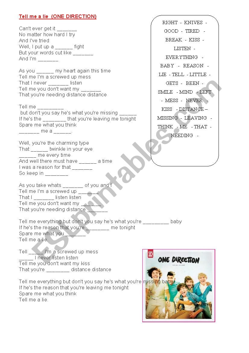 tell me a lie (one direction) worksheet