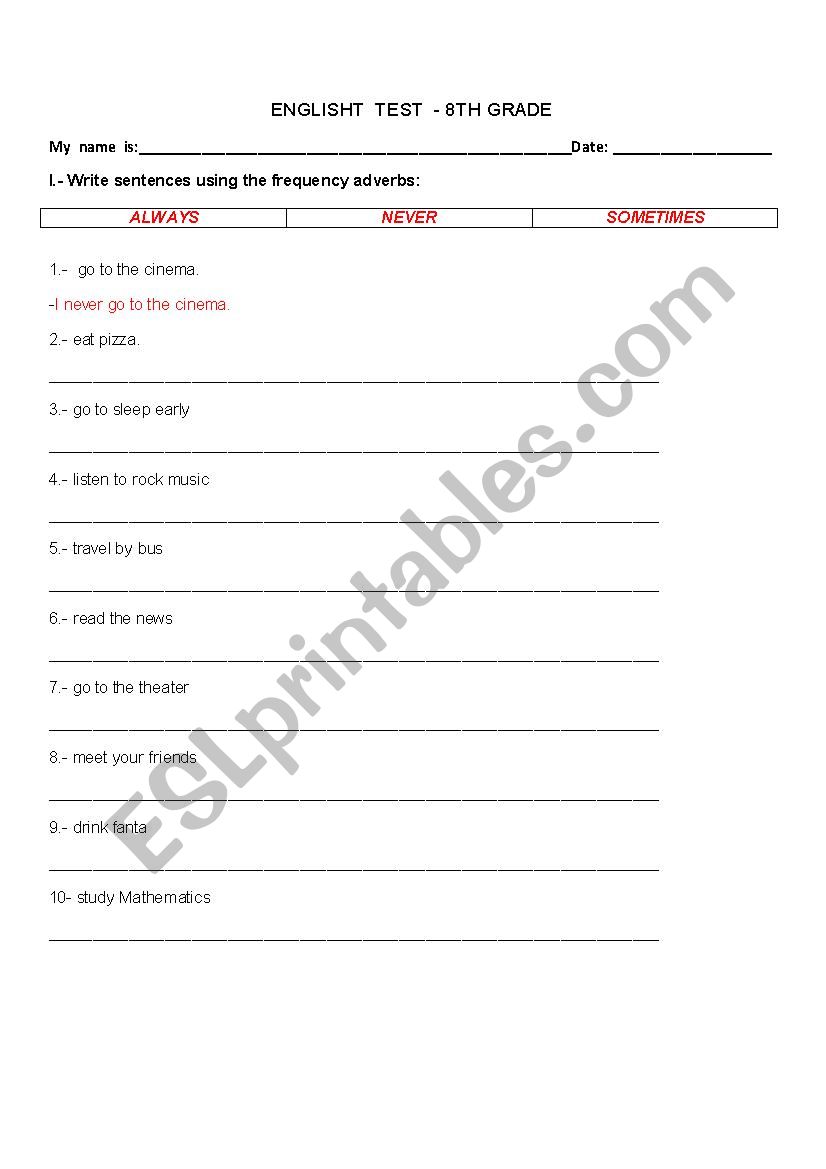 Frequency Adverbs Test worksheet