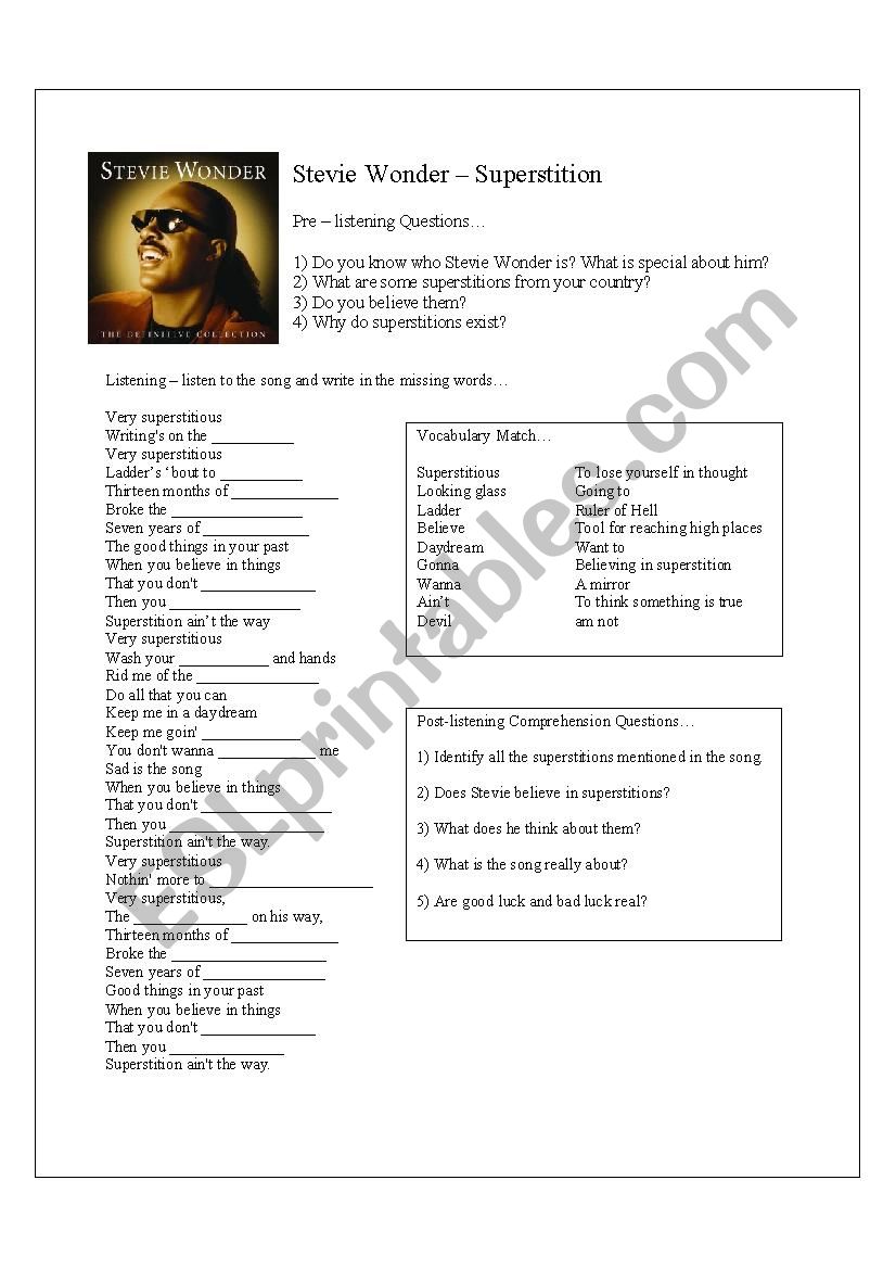 Superstition by Stevie Wonder worksheet