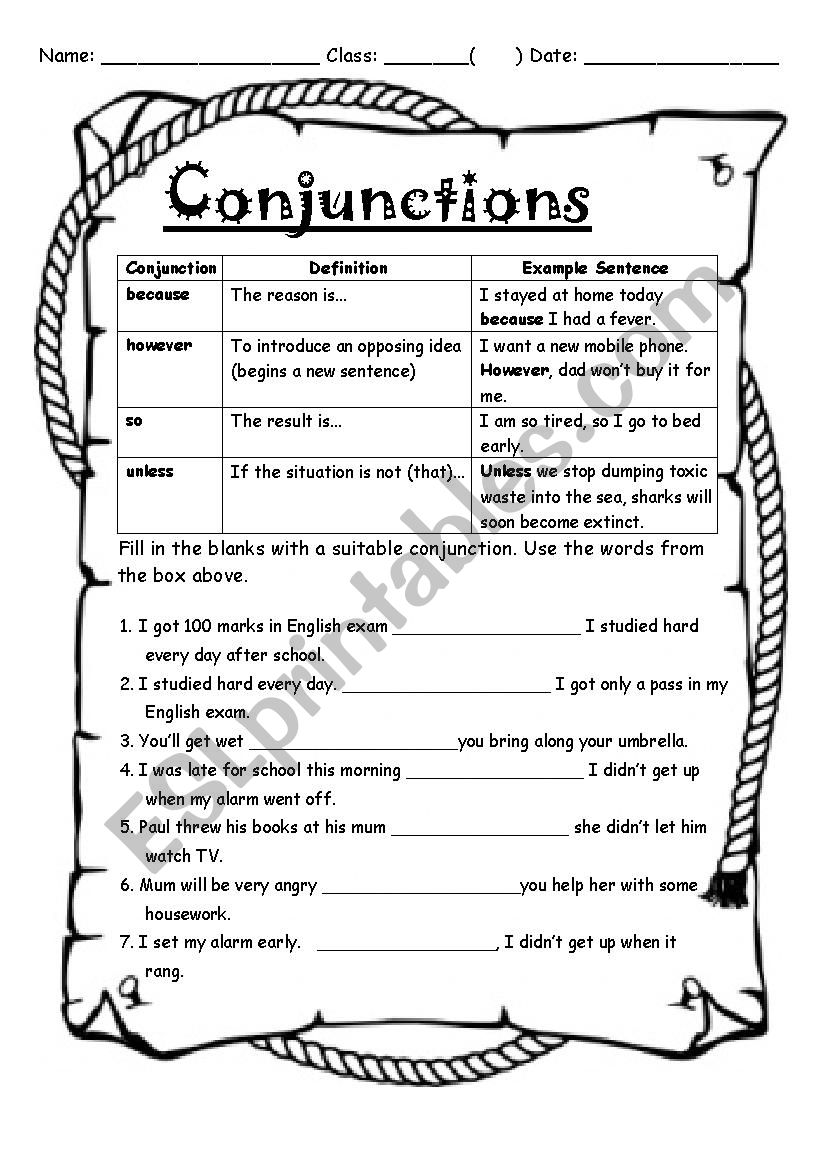 Conjunctions Unless therefore However Because ESL Worksheet By Eugennie