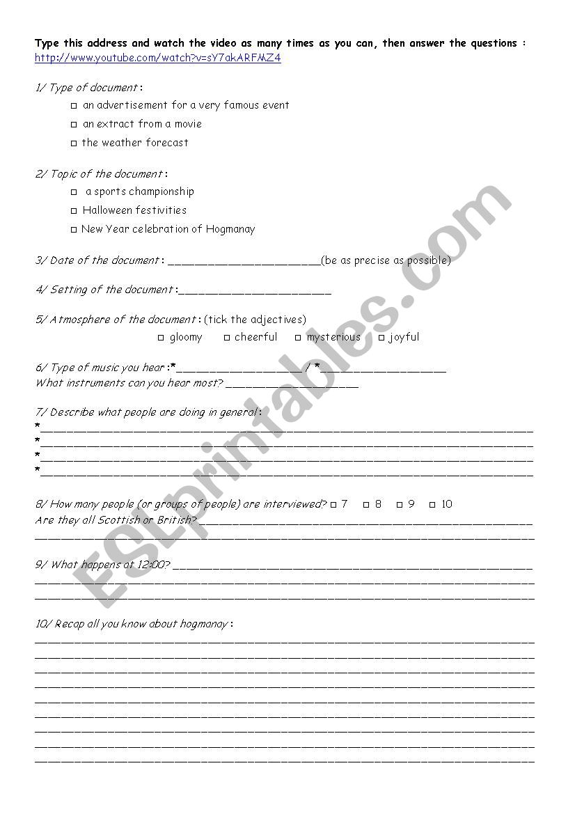 Hogmanay in Edinburgh worksheet