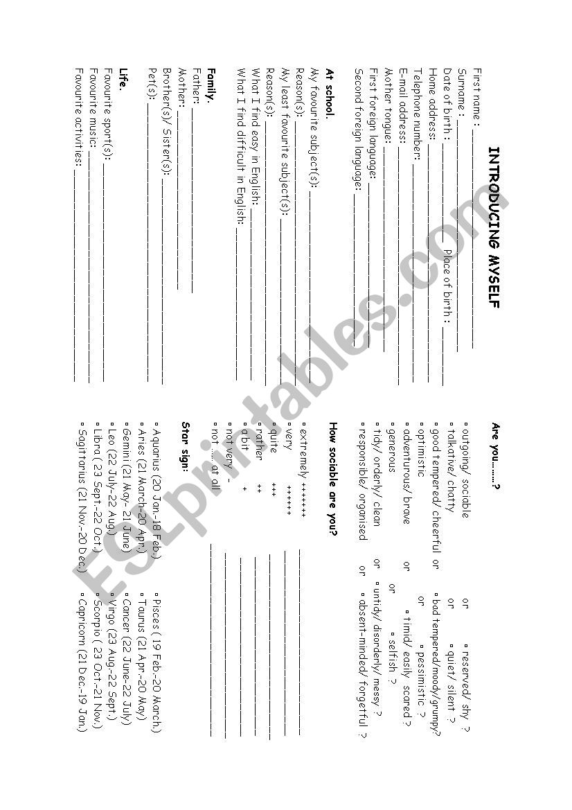 Introducing oneself worksheet