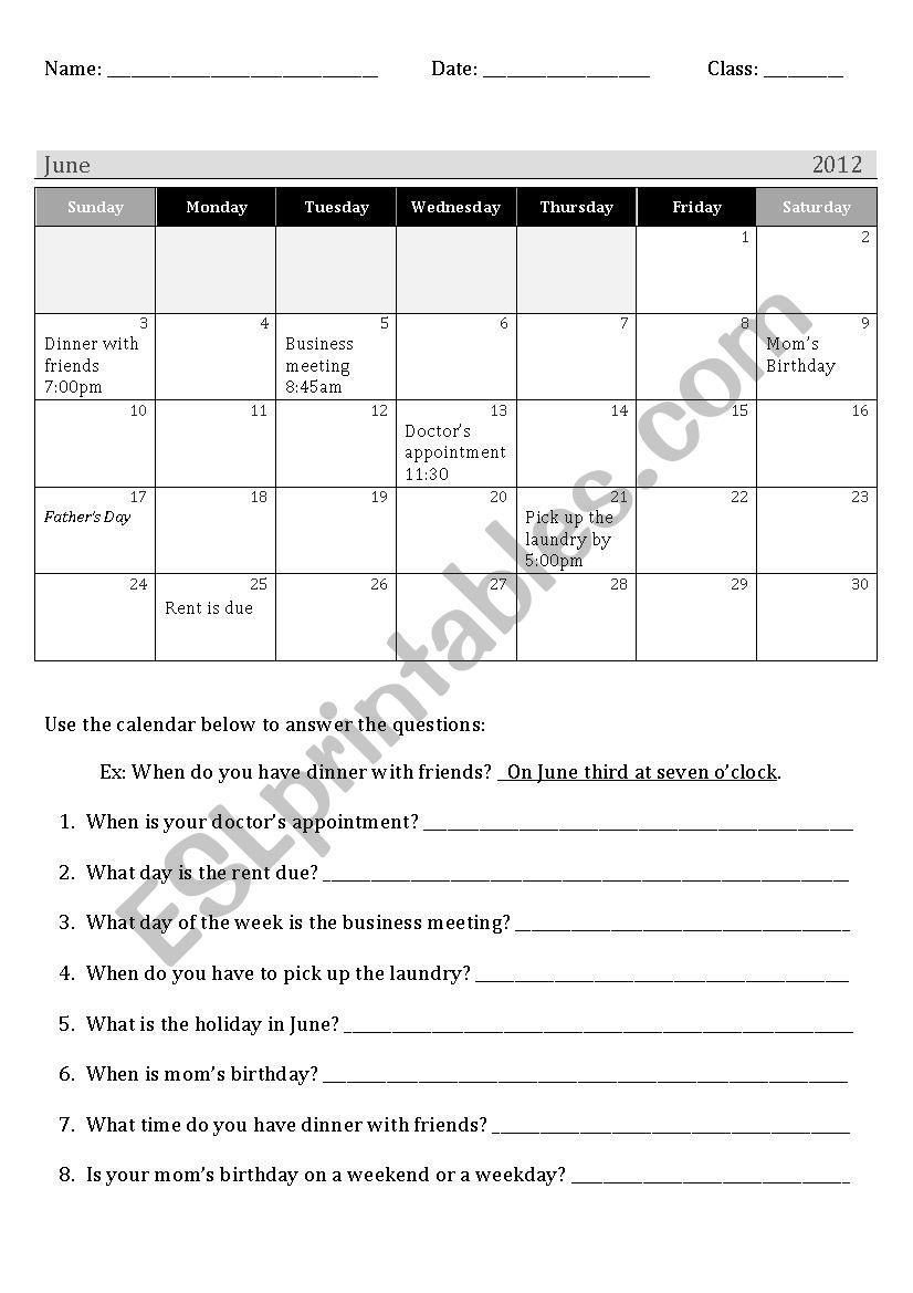 Using Calendars  worksheet