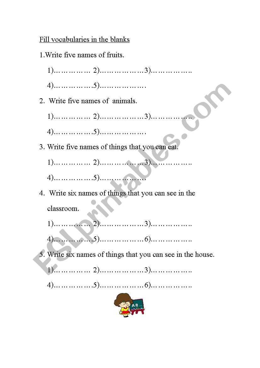 fill vocabulary in the blanks worksheet