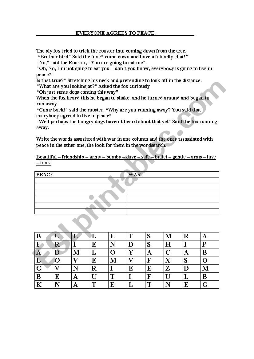 Everyone agrees to peace worksheet