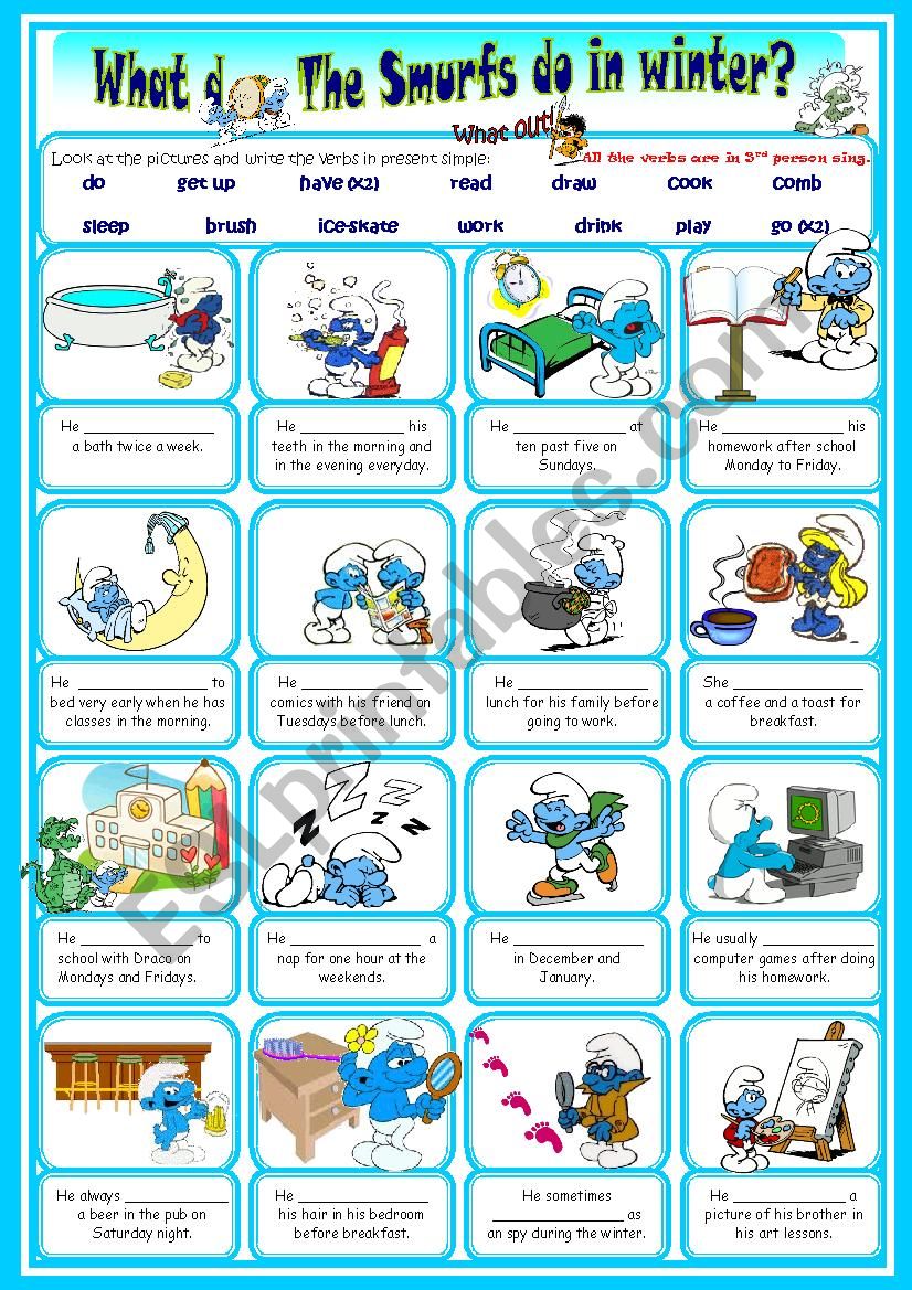 The Smurfs daily routine third person singular