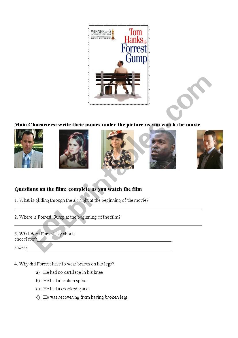 Forrest Gump the film worksheet